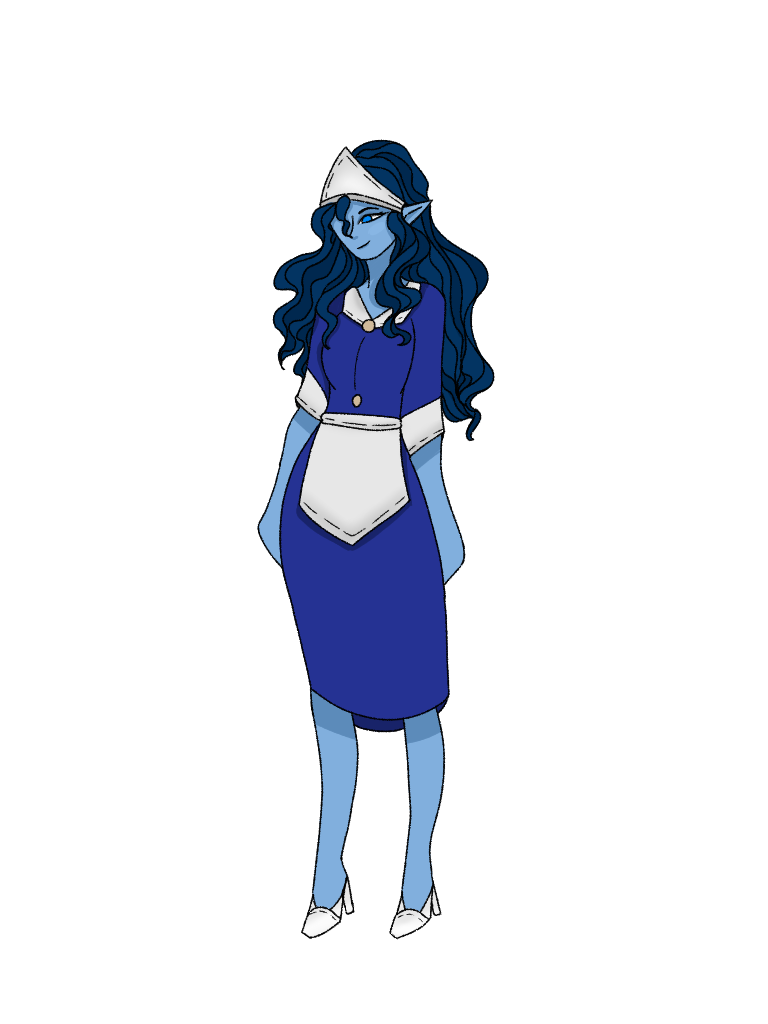 Blue woman with long dark blue hair wearing a 50's style waitress costume
